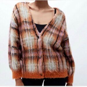 OBEY Lola Wool & Alpaca Blend Fuzzy Plaid Cadigan, Ginger Multi, sz M